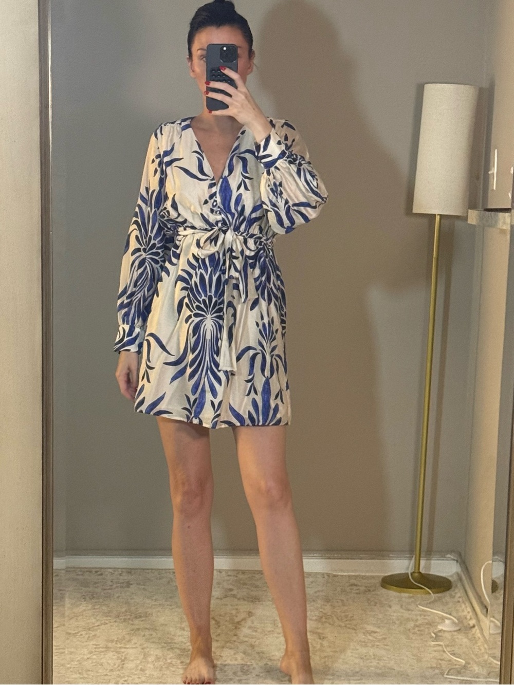 Zara Cream Mini Dress with Blue Floral Print and Tie Waist